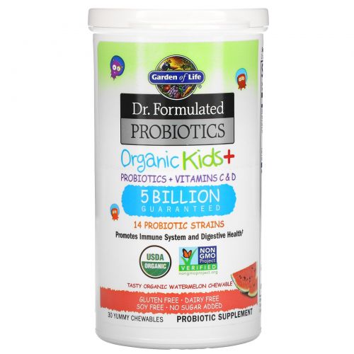 Garden of Life, Dr. Formulated Probiotics, Organic Kids+, Probiotics + Vitamins C & D, 5 Billion, Tasty Organic Watermelon, 30 Yummy Chewables