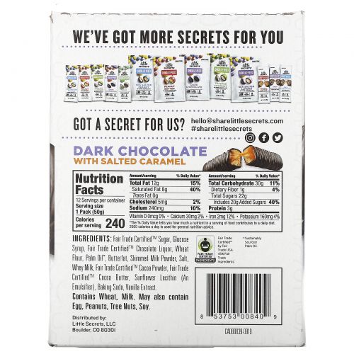 Little Secrets, Cookie Bars, Dark Chocolate with Salted Caramel, 12 Pack, 1.8 oz (50 g) Each