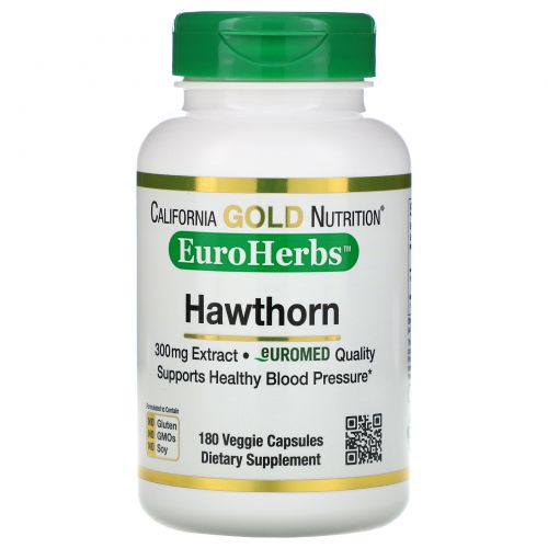 California Gold Nutrition, Экстракт боярышника, EuroHerbs, европейское качество, 300 мг, 180 вегетарианских капсул
