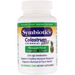 Symbiotics, Жевательные ананасовые таблетки Colostrum Plus, 120 Жевательных Таблеток