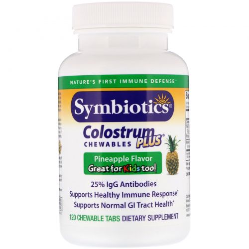 Symbiotics, Жевательные ананасовые таблетки Colostrum Plus, 120 Жевательных Таблеток