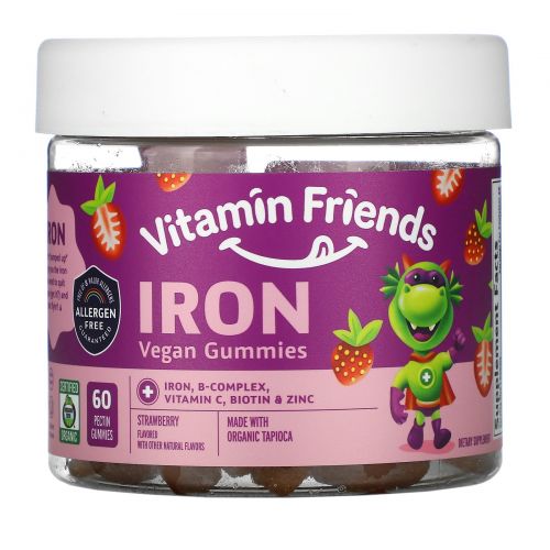 Vitamin Friends, Железосодержащие жевательные конфеты, мишки, клубника, 15 мг, 60 пектиновых мишек