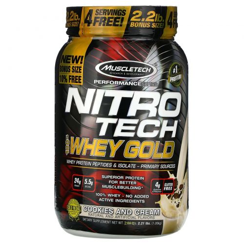 Muscletech, Nitro Tech 100%-ный Сывороточный Золотой Белок, Печенье с Кремом, 1,00 фунта (454 г)