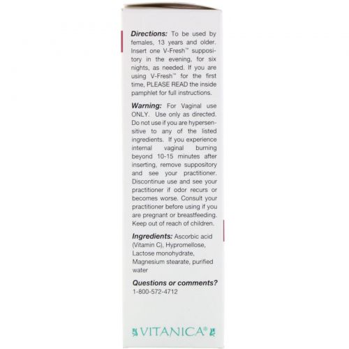 Vitanica, V-Fresh, вагинальная поддержка, 6 вагинальных суппозиториев