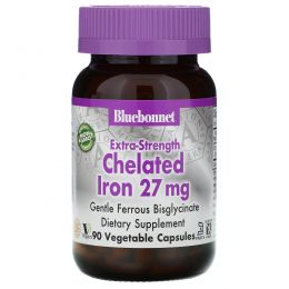 Bluebonnet Nutrition, Дополнительная сила хелатированного железа, 27 мг, 90 вегетарианских капсул