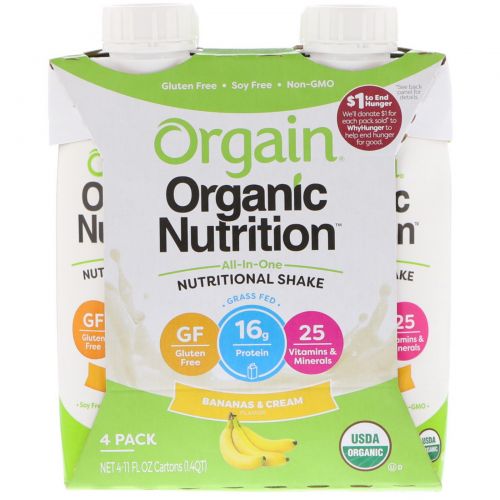 Orgain, Organic Nutrition, All-in-One Nutritional Shake, Bananas & Cream, 4 Pack, 11 fl oz Each