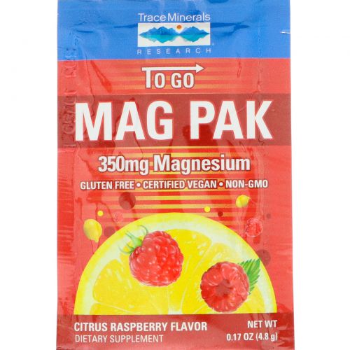 Trace Minerals Research, Mag Pak To Go, Magnesium Powder, Citrus Raspberry Flavor, 350 mg, 15 Packets, 0.17 oz (4.8 g) Each