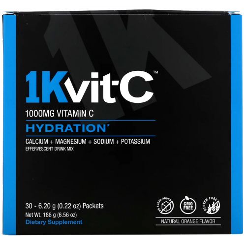 1Kvit-C, Hydration, витамин C, поддержка водного баланса, шипучая смесь для напитка, натуральный апельсиновый вкус, 1000 мг, 30 пакетиков по 6,2 г (0,22 унции)