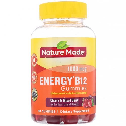 Nature Made, Жевательные витамины для взрослых, Энергия витамина В12, вишня и смесь ягод, 80 жевательных таблеток