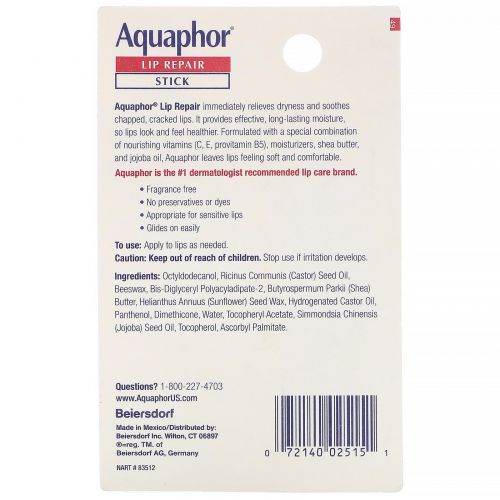 Aquaphor, Восстанавливающий бальзам для губ, помада, мгновенное восстановление, без запаха, 1 шт., 4,8 г (0,17 унции)