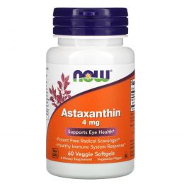 Now Foods, Астаксантин, 4 мг, 60 капсул в растительной оболочке