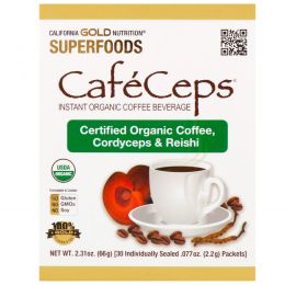 California Gold Nutrition, CafeCeps, сертифицированный органический растворимый кофе с кордицепсом и порошком грибов рейши, 30 пакетов, по 2,2 г каждый