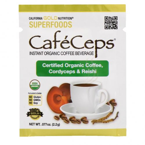 California Gold Nutrition, CafeCeps, сертифицированный органический растворимый кофе с кордицепсом и порошком грибов рейши, 30 пакетов, по 2,2 г каждый