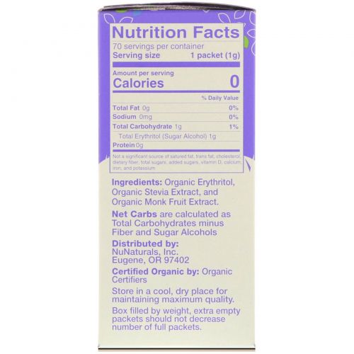 NuNaturals, Organic Sweetener, Stevia and Monk Fruit, 70 Packets, 2.47 oz (70 g)