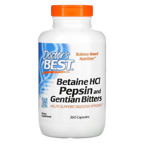 Doctor's Best, Горькая настойка из бетаина гидрохлорида, пепсина и генцианы (Betaine HCl, Pepsin & Gentian Bitters), 360 капсул