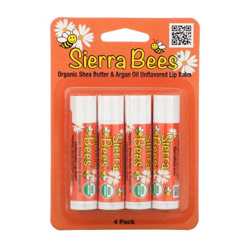 Sierra Bees, Органические бальзамы для губ, масло ши и аргановое масло, 4 в упаковке, по 4,25 г (0,15 унц.) каждый