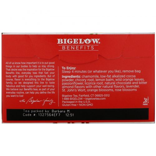 Bigelow, Benefits, Хорошее настроение, травяной чай с шоколадом и миндалем, 18 чайных пакетиков, 1,44 унц. (40 г)