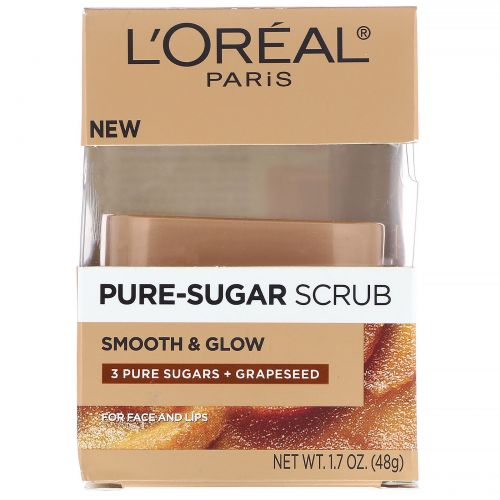 L'Oreal, Скраб Pure-Sugar, гладкость и сияние, 3 вида сахара + виноградные косточки, 48 г