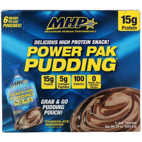 MHP, Протеиновый снек Power Pak Pudding, со вкусом шоколадного брауни, 6 паучей, 113,4 г