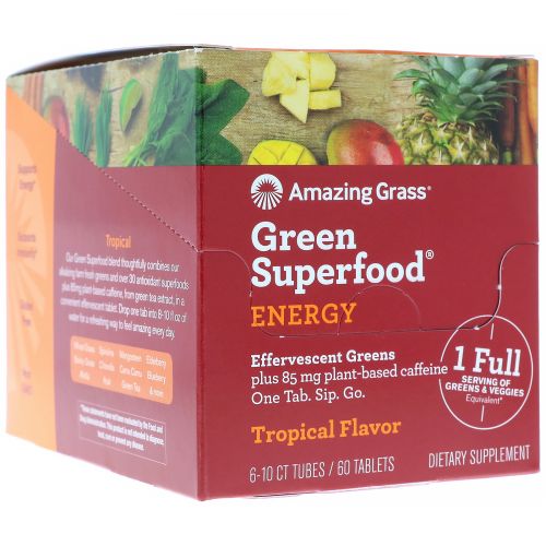 Amazing Grass, Green Superfood, Effervescent Greens Energy, Tropical Flavor, 6 tubes, 10 Tablets Each