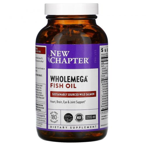 New Chapter, Wholemega, Extra-Virgin Wild Alaskan Salmon, Whole Fish Oil, 1,000 mg, 180 Softgels