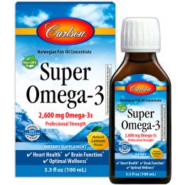 Carlson Labs, Супер Омега-3, натуральный лимонный вкус, 2600 мг, 3,3 ж. унц. (100 мл)