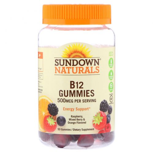 Sundown Naturals, Жевательные мармеладки B12, малина, ягодная смесь и апельсин, 500 мкг, 50 жевательных мармеладок