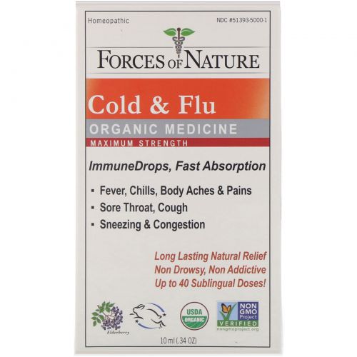 Forces of Nature, Средство от простуды и гриппа, органическая медицина, ImmuneDrops, максимальный эффект, 10 мл (0,34 унции)