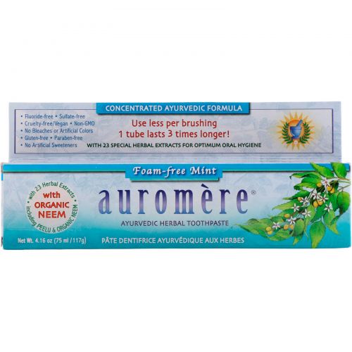 Auromere, Аюрведическая травяная зубная паста, Foam-Free Mint, 4.16 унц. (117 г.)