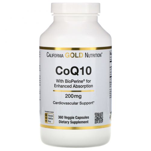 California Gold Nutrition, Коэнзим Q10 фармацевтической чистоты (ФСША) с Bioperine, 200 мг, 360 растительных капсул