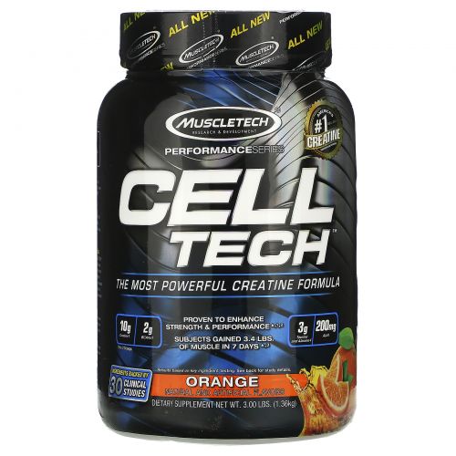 Muscletech, Целл Тех, Мощнейшая формула с креатином, Апельсин, 3.09 фунта (1.40 кг)