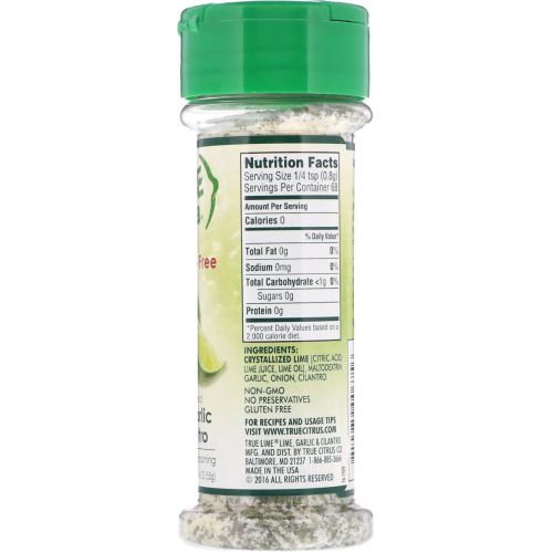 True Citrus Company, True Lime, Кристаллизированный лимон, Чеснок и кинза, Без соли, 1,94 унц. (55 г)
