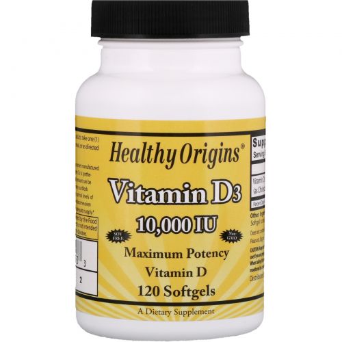 Healthy Origins, Витамин D3, 10000 МЕ, 120 желатиновых капсул