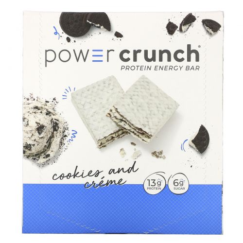BNRG, Power Crunch, протеиновый энергетический батончик со вкусом сливочного печенья, 12 шт. по 40 г