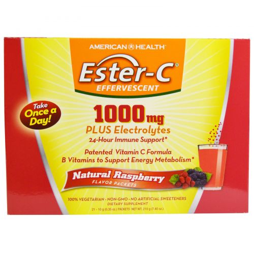 American Health, Шипучее средство Ester-C, натуральный малиновый вкус, 1000 мг, 21 упаковка, по 0,35 унции (10 г) каждая