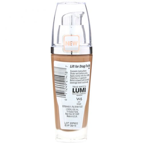 L'Oreal, Тональная основа True Match Healthy Luminous Makeup, SPF 20, оттенок W6 солнечный бежевый, 30 мл