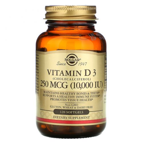 Solgar, Натуральный витамин D3, 10 000 МЕ, 120 гелевых капсул