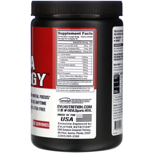 EVLution Nutrition, BCAA Energy, Напиток из Лаймового Сока с Вишней, 9,9 унций (282 г)