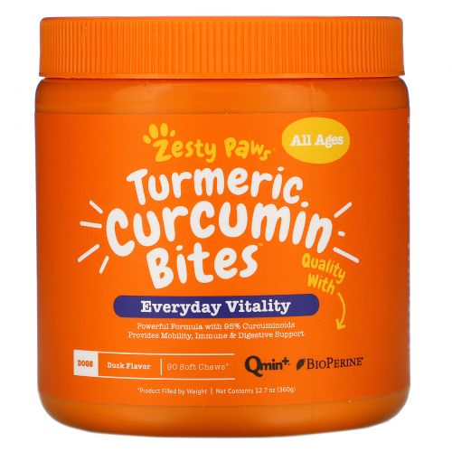 Zesty Paws, Turmeric, Curcumin Bites For Dogs, Joint & Immune Support, Duck Flavor, 90 Soft Chews