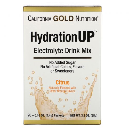 California Gold Nutrition, HydrationUP, смесь для приготовления электролитического напитка, цитрусы, 20 пакетиков, 4,4 г (0,16 унции) в каждом