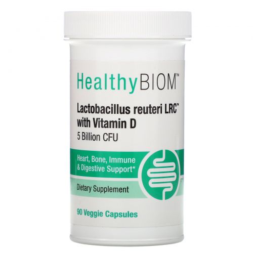 HealthyBiom, Lactobacillus Reuteri LRC с витамином D, 5 млрд КОЕ, 90 растительных капсул