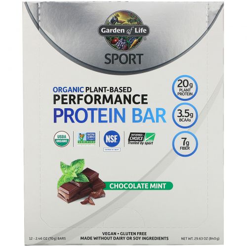 Garden of Life, Sport, Organic Plant-Based Performance Protein Bar, Chocolate Mint, 12 Bars, 2.5 oz (70 g) Each