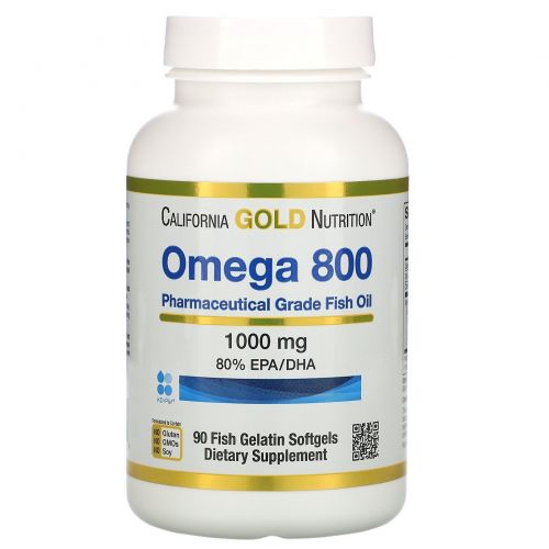California Gold Nutrition, Омега 800, Рыбий жир фармацевтического класса, 80% EPA / DHA, Триглицеридная форма, Немецкая обработка, Без холестерина, 1000 мг, 90 рыбных желатиновых мягких гелей
