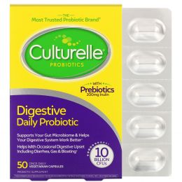 Culturelle, Здоровье системы пищеварения, ежедневная формула с пробиотиками, 50 капсул с растительной оболочке для приема 1 раз в день