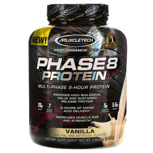 Muscletech, Performance Series, Phase8, Multi-Phase 8-Hour Protein, Vanilla, 4,60 lbs (2.09 kg)