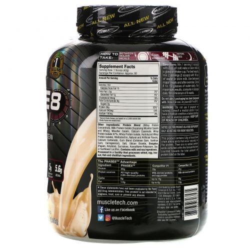 Muscletech, Performance Series, Phase8, Multi-Phase 8-Hour Protein, Vanilla, 4,60 lbs (2.09 kg)