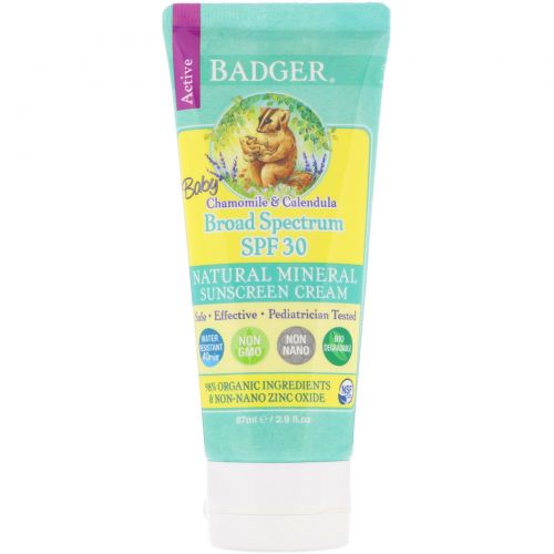 Badger Company, Детский солнцезащитный крем, широкий спектр SPF 30, ромашка и календула, 2.9 жидких унций (87 мл)