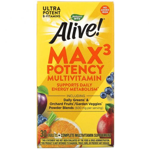 Nature's Way, Alive! Max3 Daily, Multi-Vitamin, No Added Iron, 30 Tablets