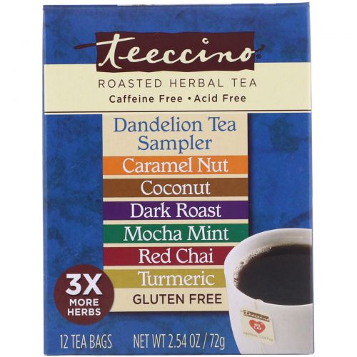 Teeccino, Roasted Herbal Tea Sampler, 6 Dandelion Flavors, Caffeine Free, 12 Tea Bags, 2.54 oz (72 g)