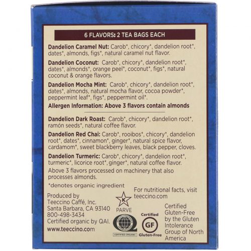 Teeccino, Roasted Herbal Tea Sampler, 6 Dandelion Flavors, Caffeine Free, 12 Tea Bags, 2.54 oz (72 g)